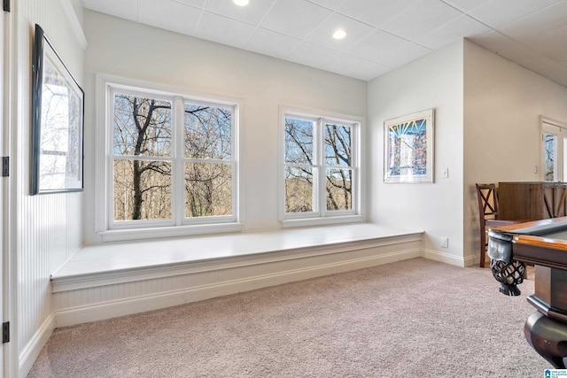 sitting room featuring recessed lighting, baseboards, and carpet flooring