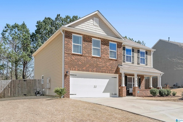 view of front of home featuring brick siding, a porch, concrete driveway, an attached garage, and fence