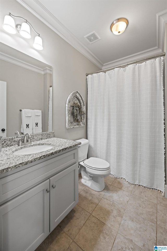 bathroom with tile patterned flooring, visible vents, crown molding, toilet, and vanity