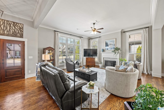 living area with a ceiling fan, wood finished floors, a fireplace, and ornamental molding