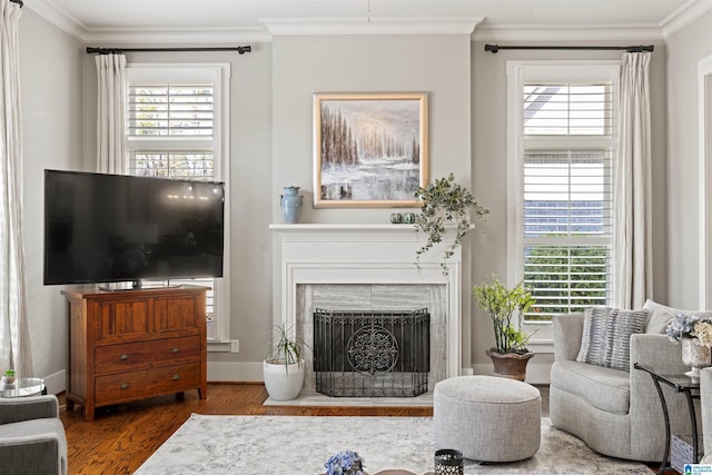 living area with a fireplace, crown molding, wood finished floors, and baseboards