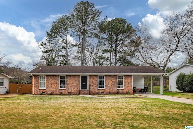 single story home featuring brick siding, an attached carport, fence, crawl space, and driveway