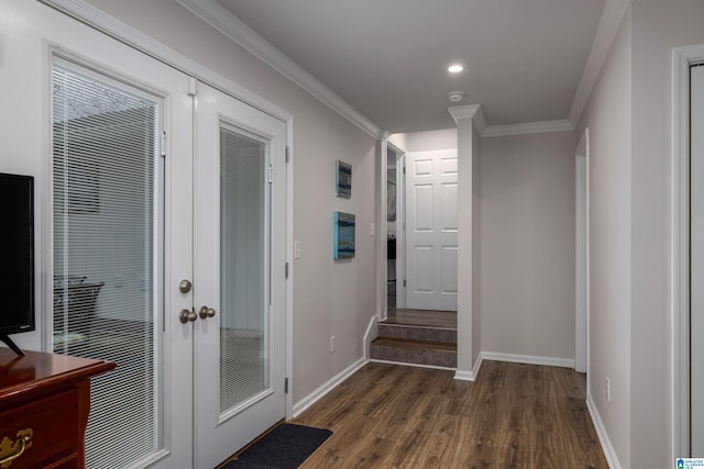 hall with baseboards, recessed lighting, dark wood-style flooring, french doors, and crown molding