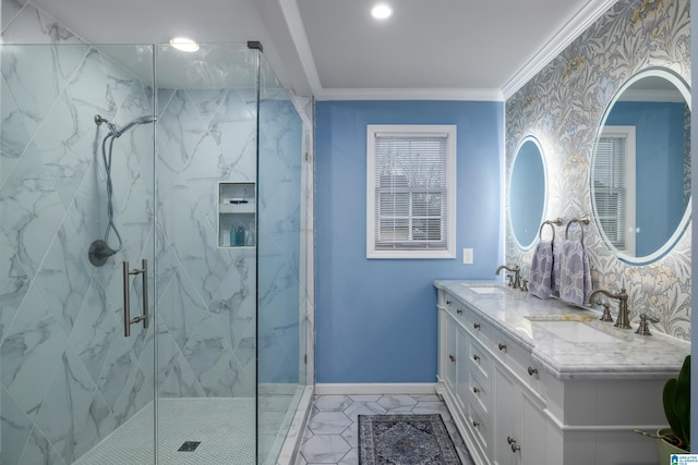 bathroom with baseboards, a marble finish shower, a sink, crown molding, and marble finish floor