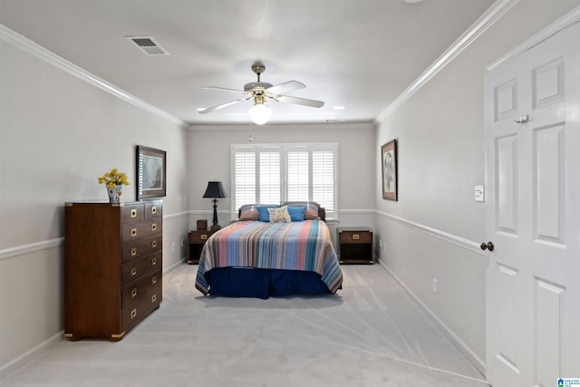 bedroom featuring carpet flooring, baseboards, visible vents, and ornamental molding