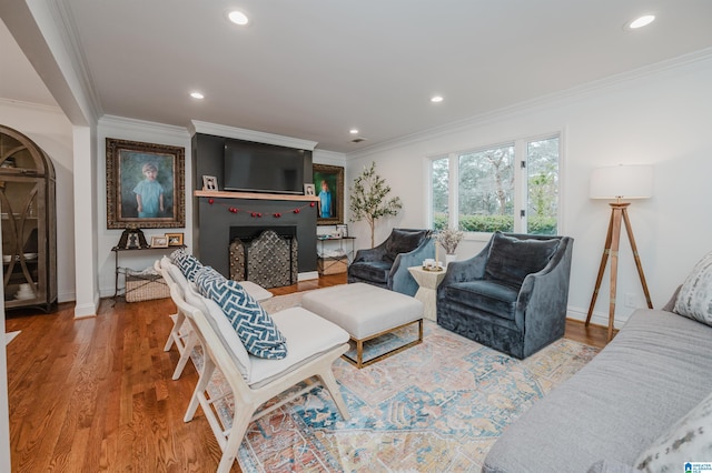 living room with a fireplace, ornamental molding, wood finished floors, and recessed lighting