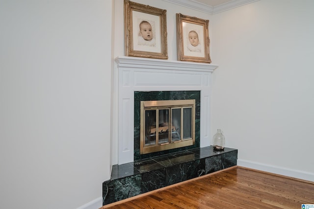 room details with wood finished floors, crown molding, baseboards, and a premium fireplace