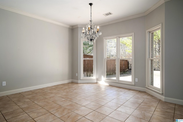 unfurnished room with light tile patterned floors, visible vents, baseboards, ornamental molding, and an inviting chandelier