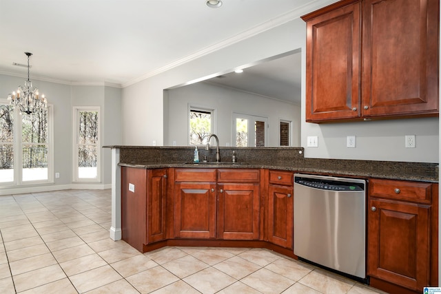 kitchen with plenty of natural light, dishwasher, a sink, and light tile patterned floors