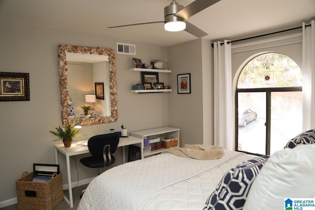 bedroom featuring visible vents, baseboards, and ceiling fan