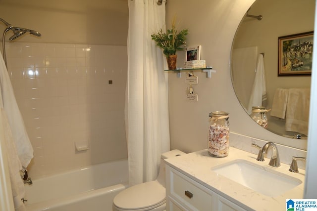 bathroom with shower / bath combo with shower curtain, toilet, and vanity