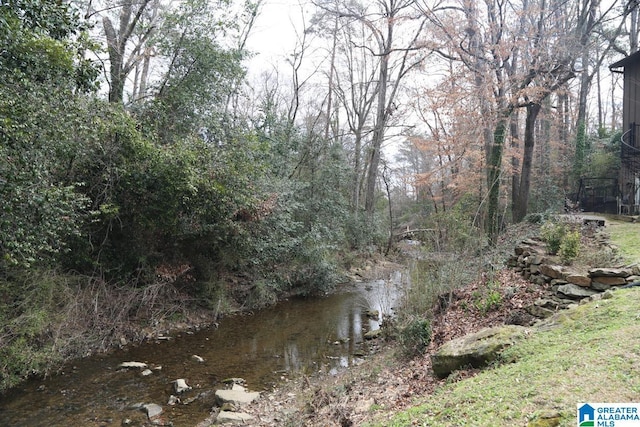 view of water feature with a forest view