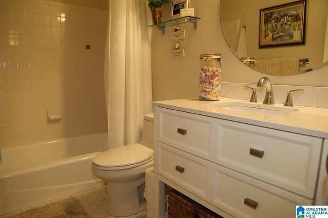 full bath featuring tile patterned floors, toilet, shower / tub combo with curtain, and vanity