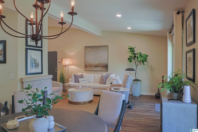 dining room with baseboards, dark wood finished floors, lofted ceiling with beams, recessed lighting, and a chandelier