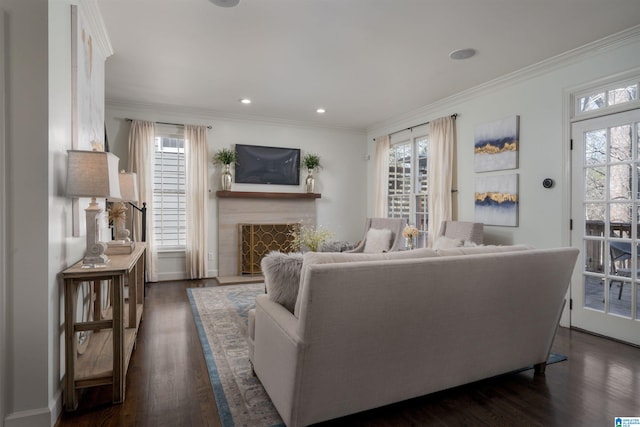 living room with dark wood finished floors, a fireplace, and crown molding