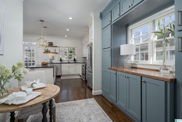 kitchen with ornamental molding, open shelves, dark wood-style floors, recessed lighting, and stainless steel appliances