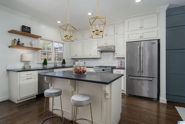 kitchen featuring under cabinet range hood, premium appliances, dark countertops, and decorative backsplash