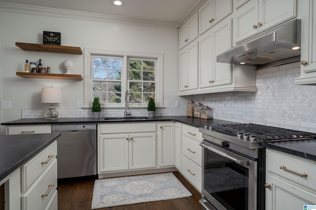 kitchen featuring a sink, stainless steel appliances, crown molding, under cabinet range hood, and dark countertops