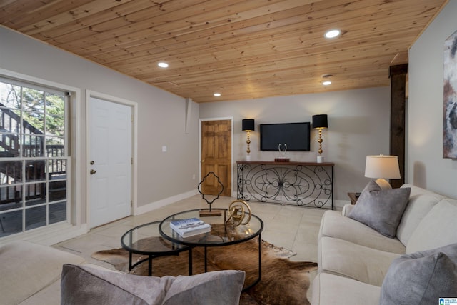 tiled living area with wooden ceiling, recessed lighting, and baseboards