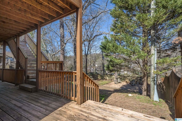 wooden terrace featuring stairway and a fenced backyard