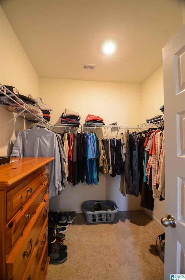 spacious closet featuring visible vents and carpet flooring