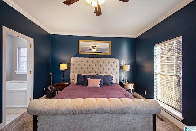 bedroom featuring visible vents, a ceiling fan, crown molding, and tile patterned flooring