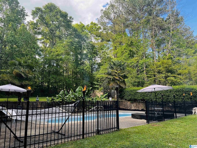 view of pool with fence, a fenced in pool, and a lawn