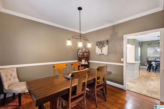 dining room with baseboards, wood finished floors, and crown molding