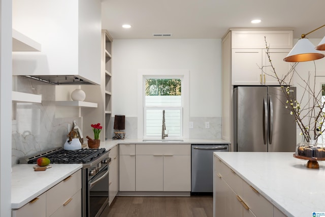 kitchen featuring a sink, open shelves, range hood, stainless steel appliances, and dark wood-style flooring