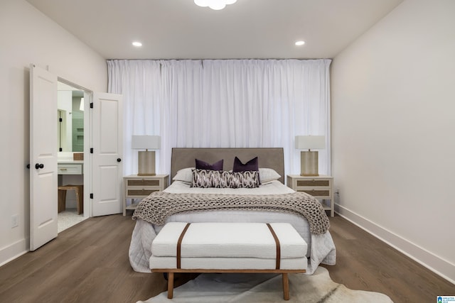 bedroom with recessed lighting, baseboards, and wood finished floors