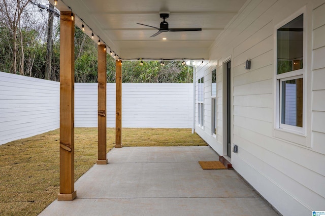 view of patio / terrace featuring ceiling fan and a fenced backyard