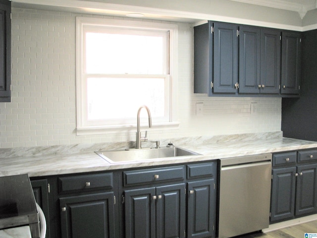 kitchen featuring plenty of natural light, dishwasher, a sink, and backsplash