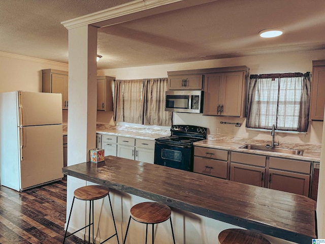 kitchen featuring stainless steel microwave, ornamental molding, black electric range oven, freestanding refrigerator, and a sink