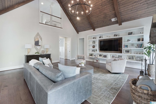 living room with built in shelves, baseboards, wood finished floors, and wooden ceiling