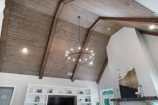 room details featuring a chandelier, visible vents, beamed ceiling, and wooden ceiling