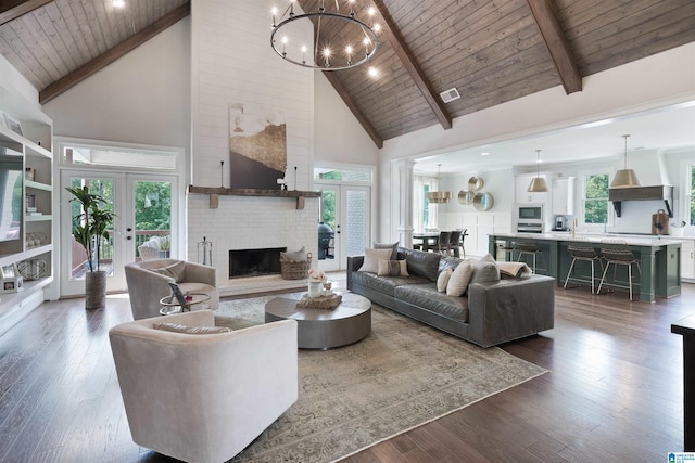 living room with hardwood / wood-style floors, wood ceiling, a notable chandelier, and a fireplace