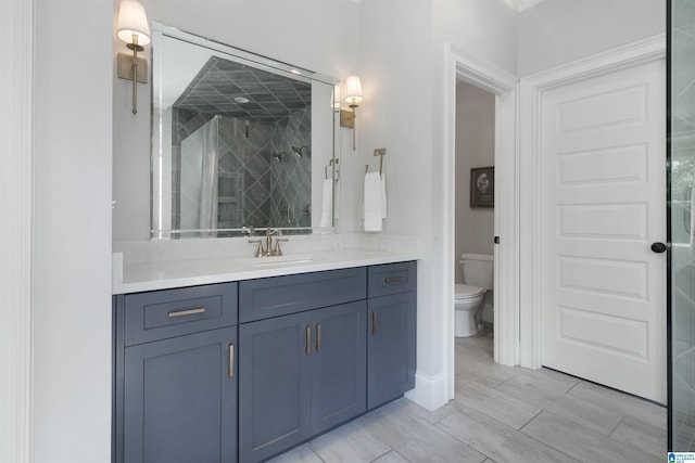 bathroom with toilet, a stall shower, and vanity