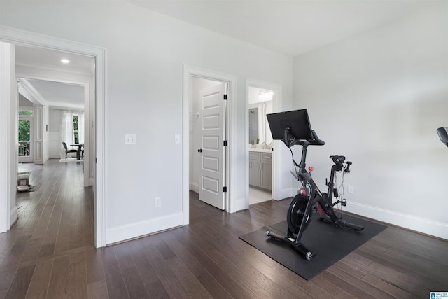 workout room featuring dark wood-style floors, baseboards, and a sink