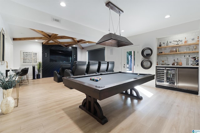 recreation room featuring billiards, a dry bar, visible vents, and light wood-type flooring