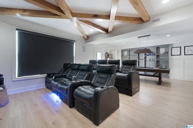 home theater featuring visible vents, beam ceiling, built in shelves, recessed lighting, and light wood-style floors