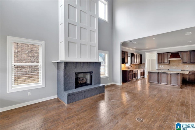 unfurnished living room with plenty of natural light, a fireplace, dark wood-type flooring, and a sink