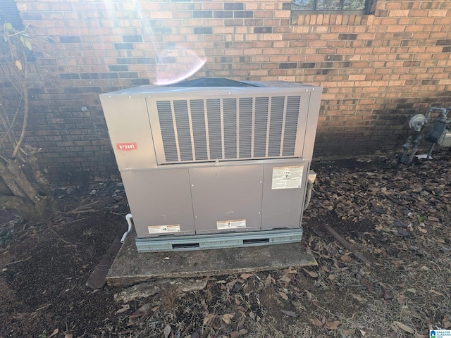 details featuring brick siding, gas meter, and central air condition unit