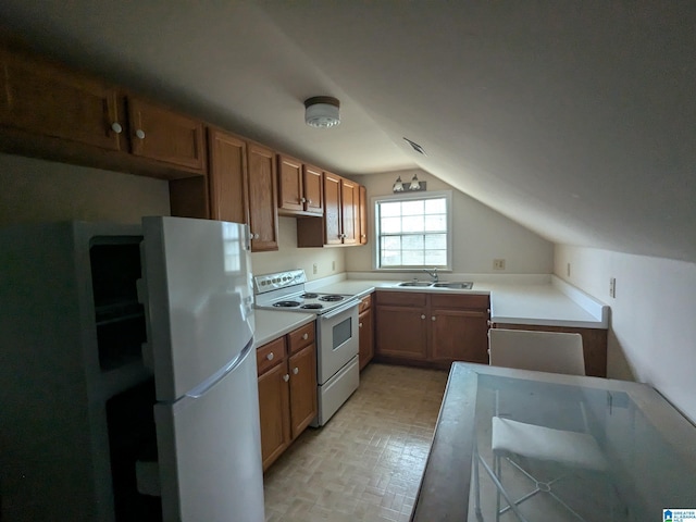 kitchen featuring vaulted ceiling, white appliances, brown cabinetry, and a sink