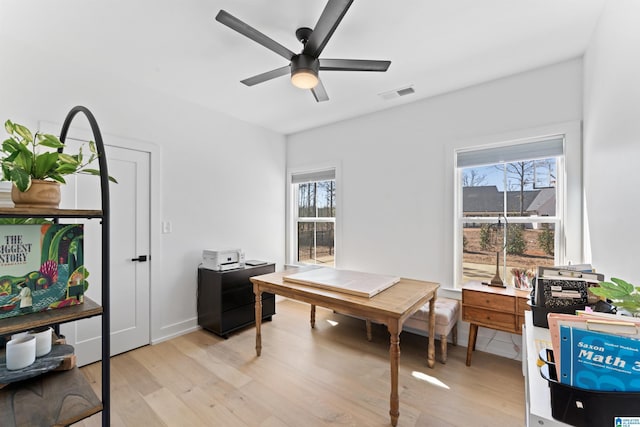 office space with light wood-style floors, visible vents, and ceiling fan