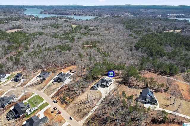 birds eye view of property featuring a water view and a view of trees