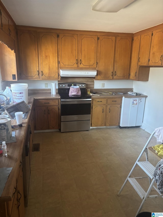 kitchen featuring brown cabinetry, dishwashing machine, stainless steel electric stove, under cabinet range hood, and a sink