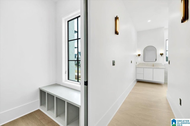 interior space featuring baseboards, light wood-style floors, and a healthy amount of sunlight