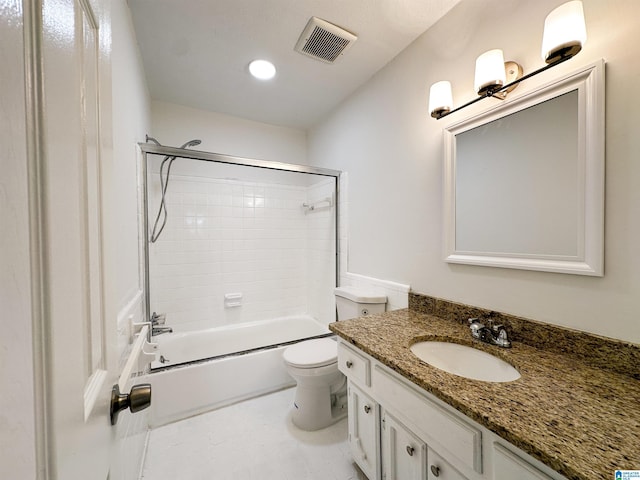 full bath with vanity, shower / tub combination, toilet, and visible vents