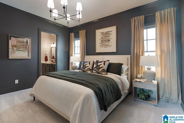 bedroom featuring carpet floors, multiple windows, and crown molding