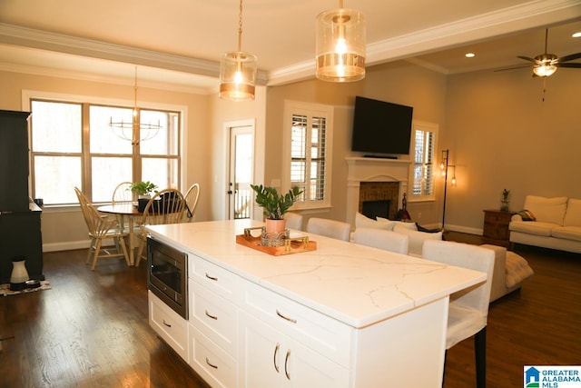 kitchen featuring stainless steel microwave, crown molding, dark wood finished floors, open floor plan, and a fireplace